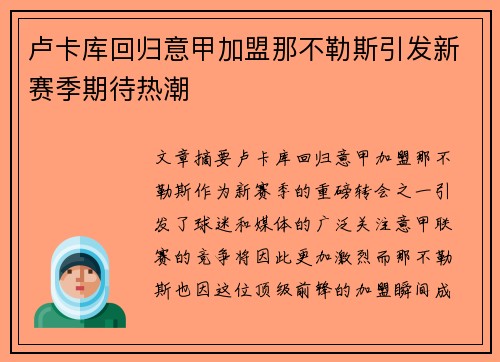 卢卡库回归意甲加盟那不勒斯引发新赛季期待热潮