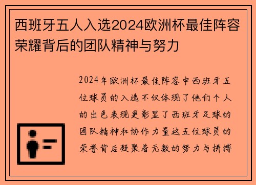 西班牙五人入选2024欧洲杯最佳阵容荣耀背后的团队精神与努力